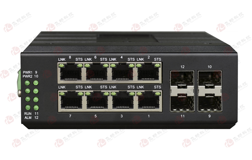 飞畅科技-全国产轻管理型工业轨式  8路千兆电+4路千兆SFP光口交换机