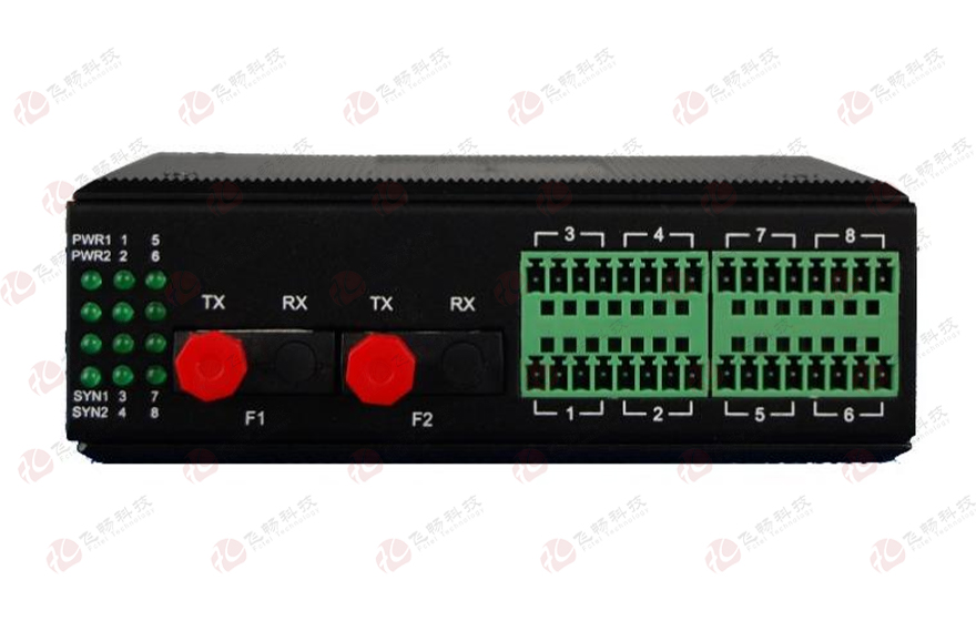 飞畅科技-工业轨式 16路模拟量+开关量+串口 混合光端机 （1+1光纤备份与断纤保持功能）