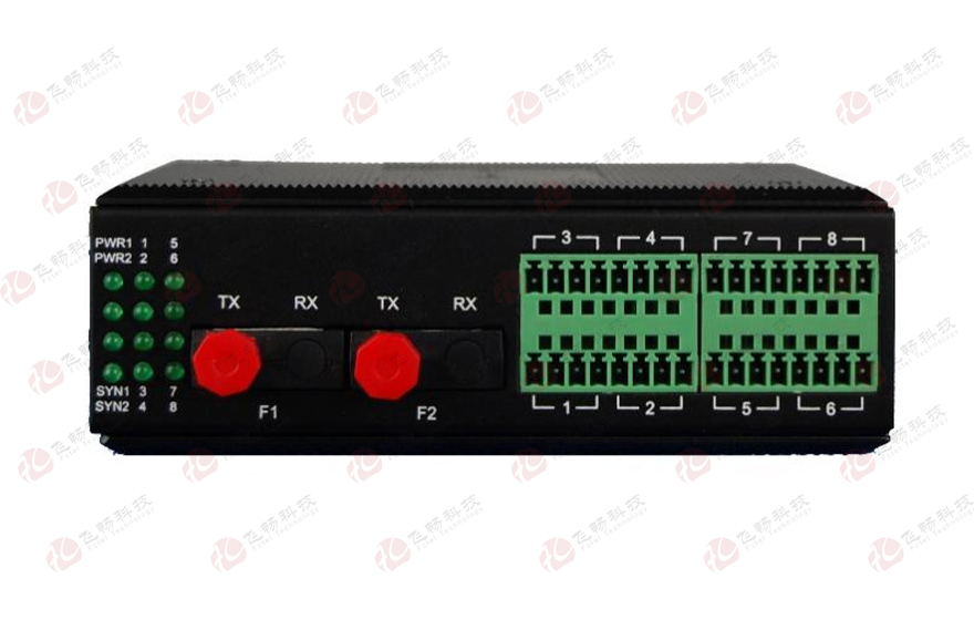 飞畅科技-工业轨式 16路模拟量+开关量+串口 模数一体远程光端机 （1+1光纤备份与断纤保持功能）