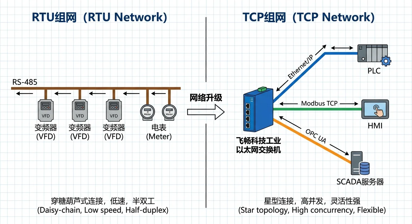 Modbus TCP vs Modbus RTU 核心对比指南相关技术图示