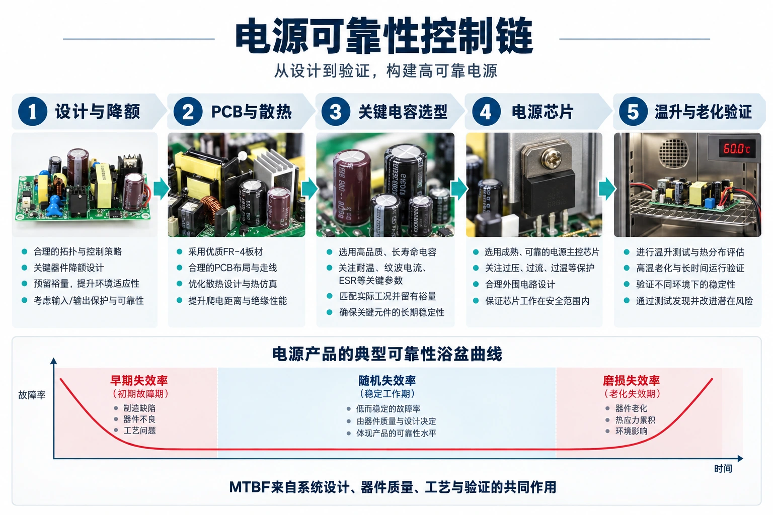电源可靠性控制链:设计降额、PCB散热、电容选型、电源芯片与温升老化验证