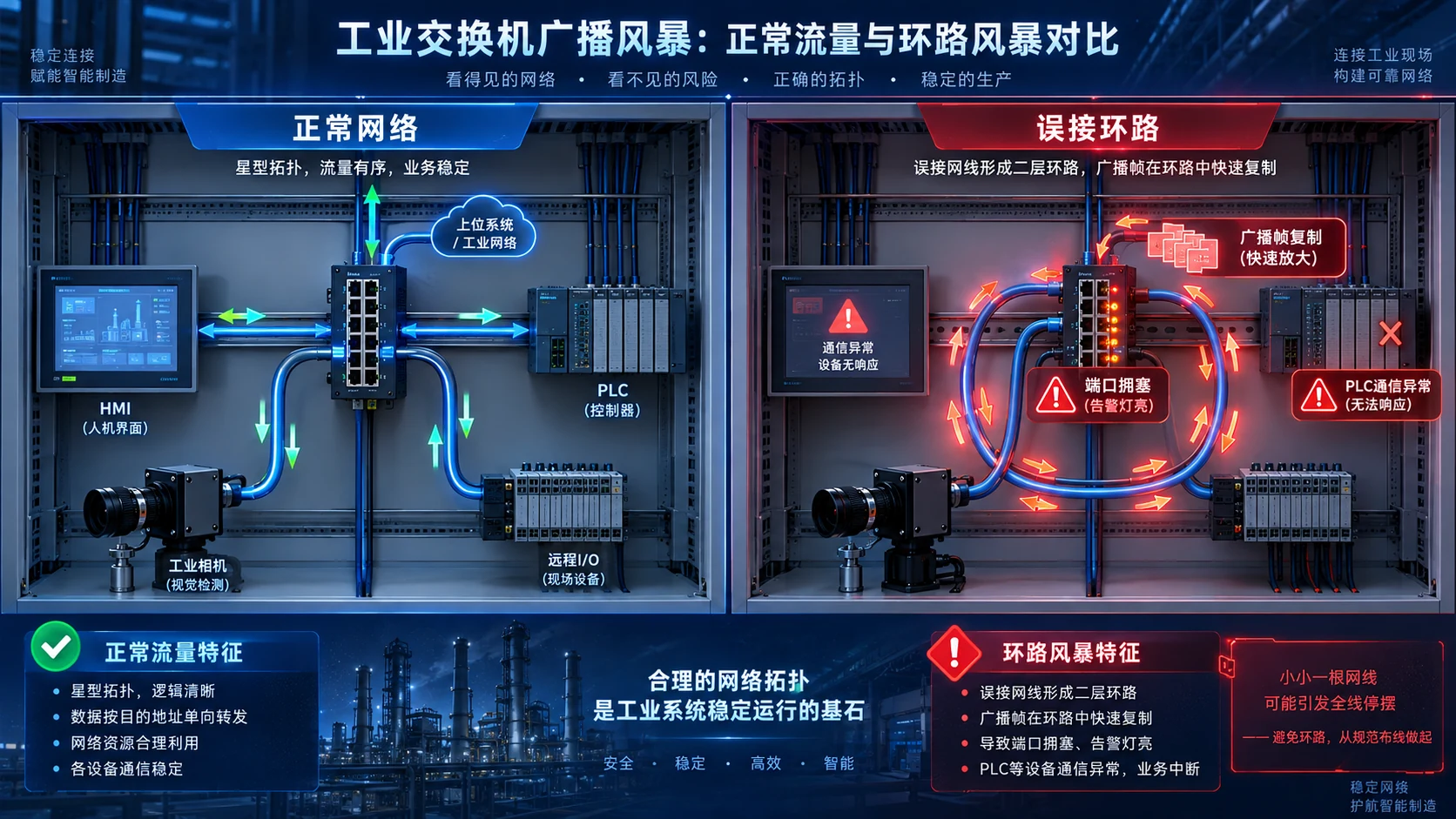 工业交换机正常网络与环路风暴对比