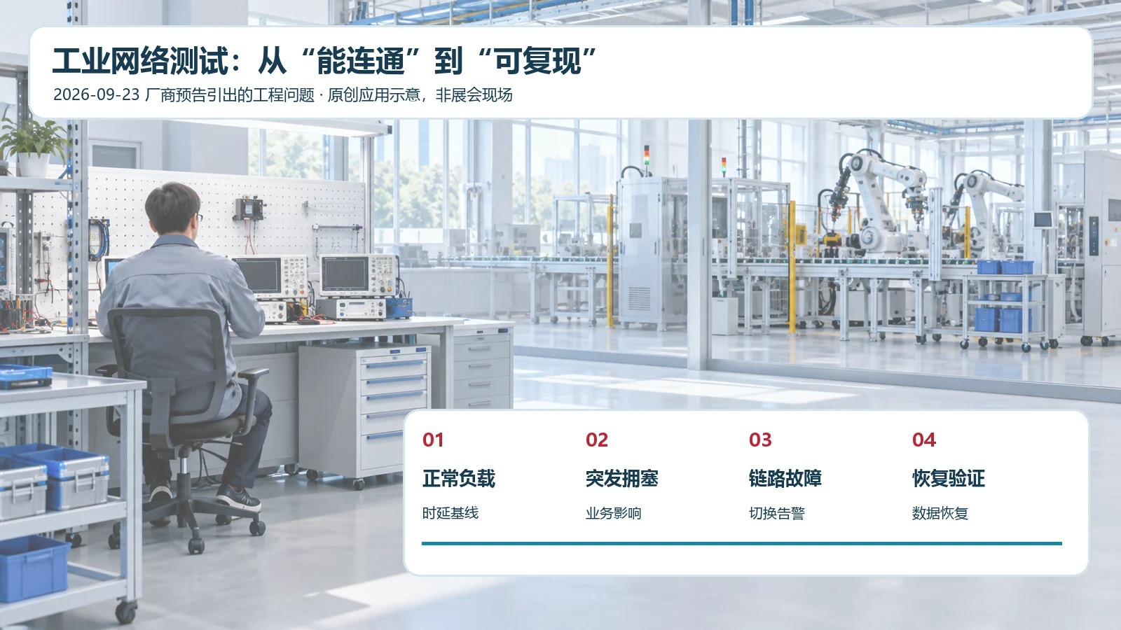 工业测试现场的正常负载、突发拥塞、链路故障与恢复验证四阶段示意