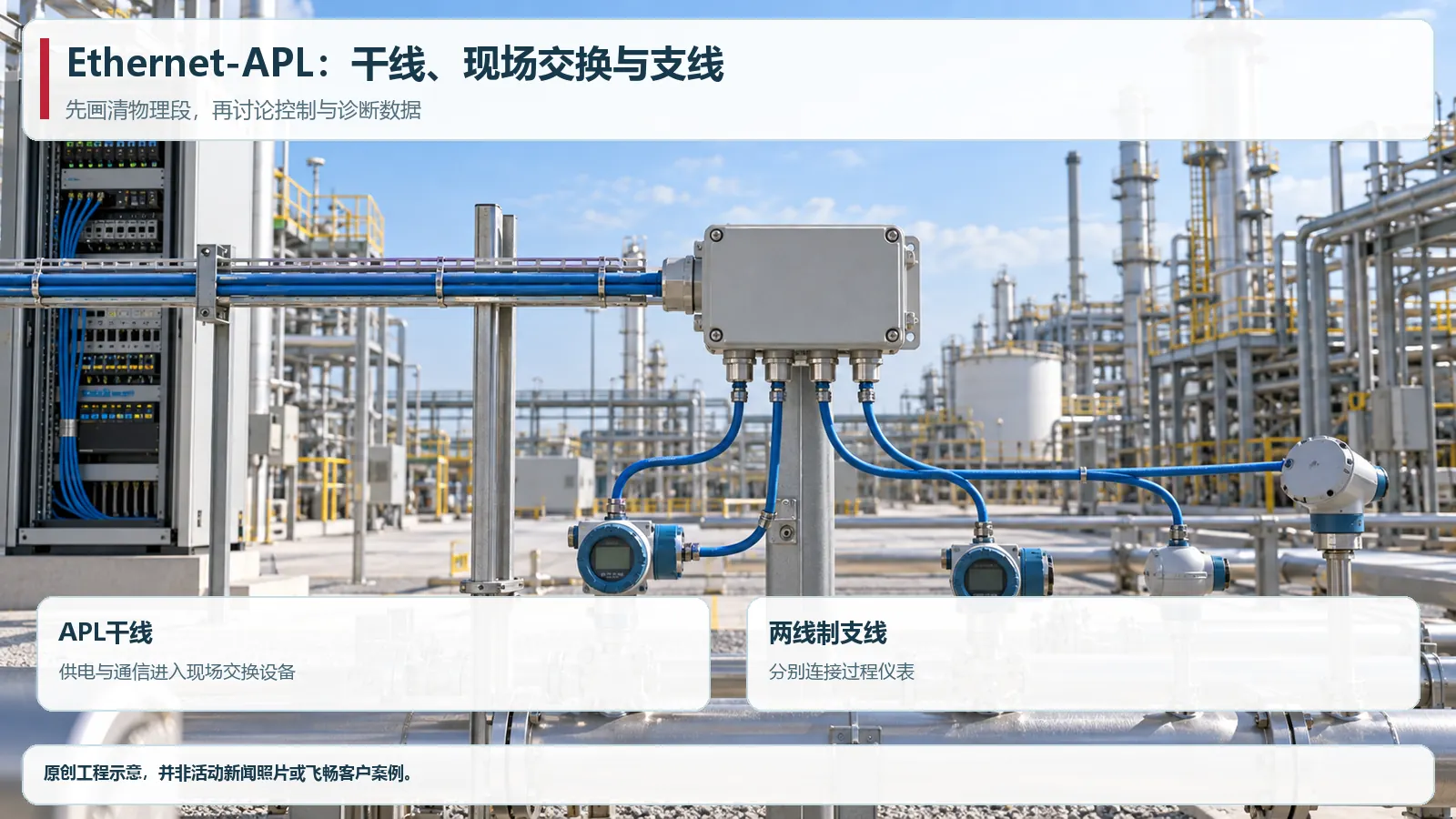 Ethernet-APL主干与支线连接过程仪表的工业现场示意