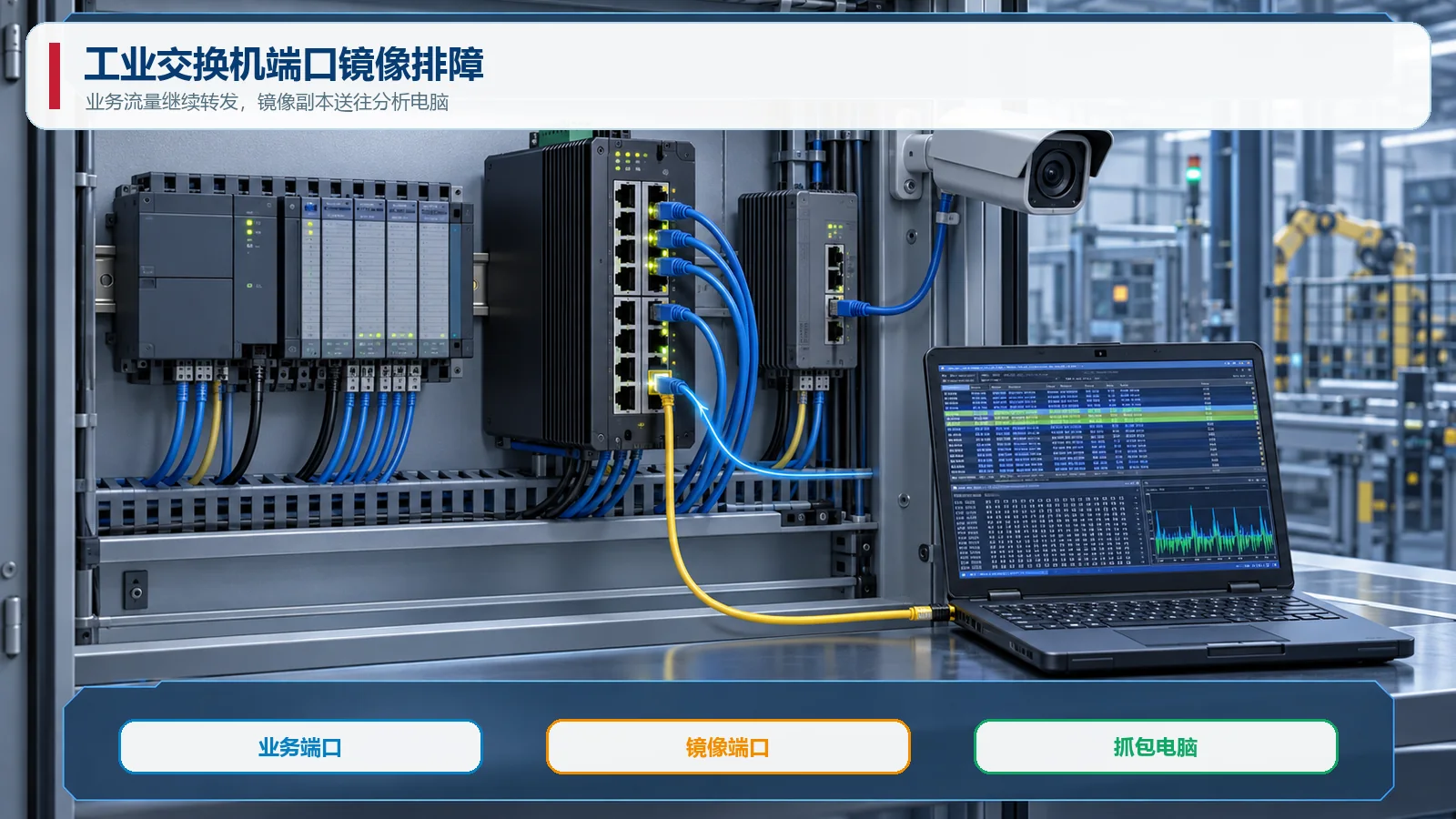 工业交换机连接PLC相机与抓包电脑的端口镜像排障现场