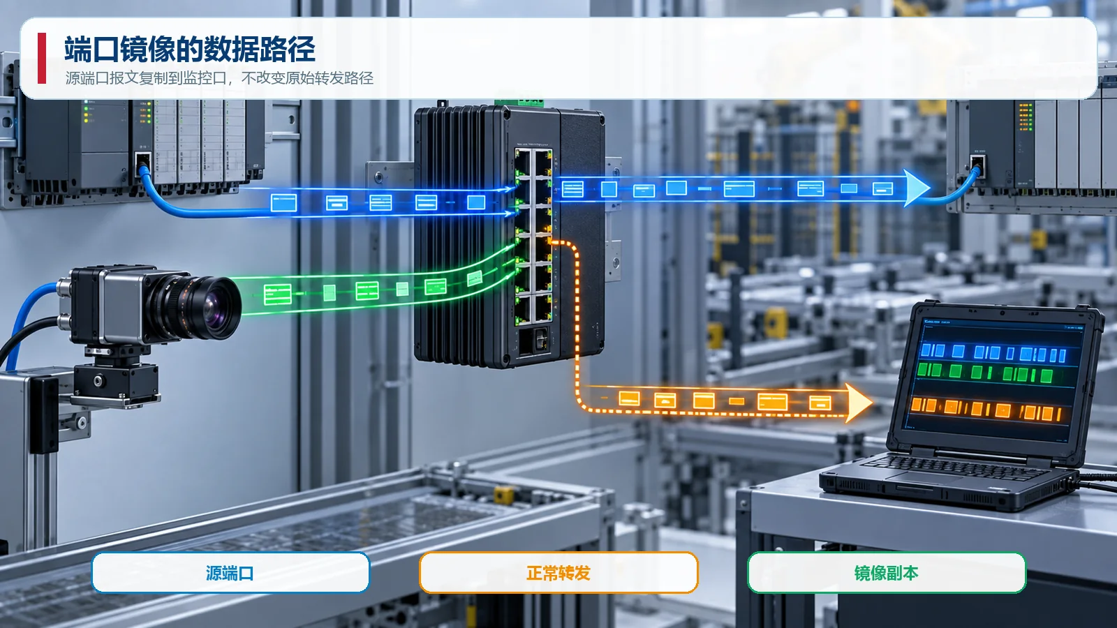 工业交换机源端口正常转发路径与镜像副本路径示意