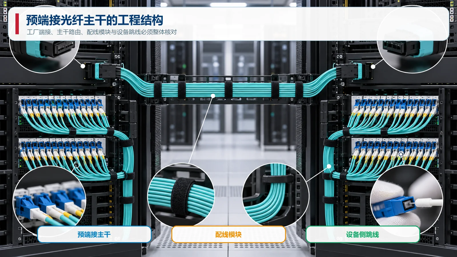 高密度机柜之间通过预端接光纤主干和配线模块连接的工程示意