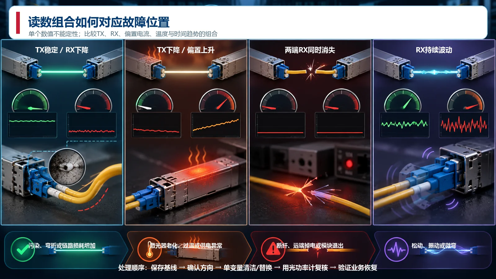 SFP DDM读数组合对应污染过温断纤和松动故障的诊断矩阵