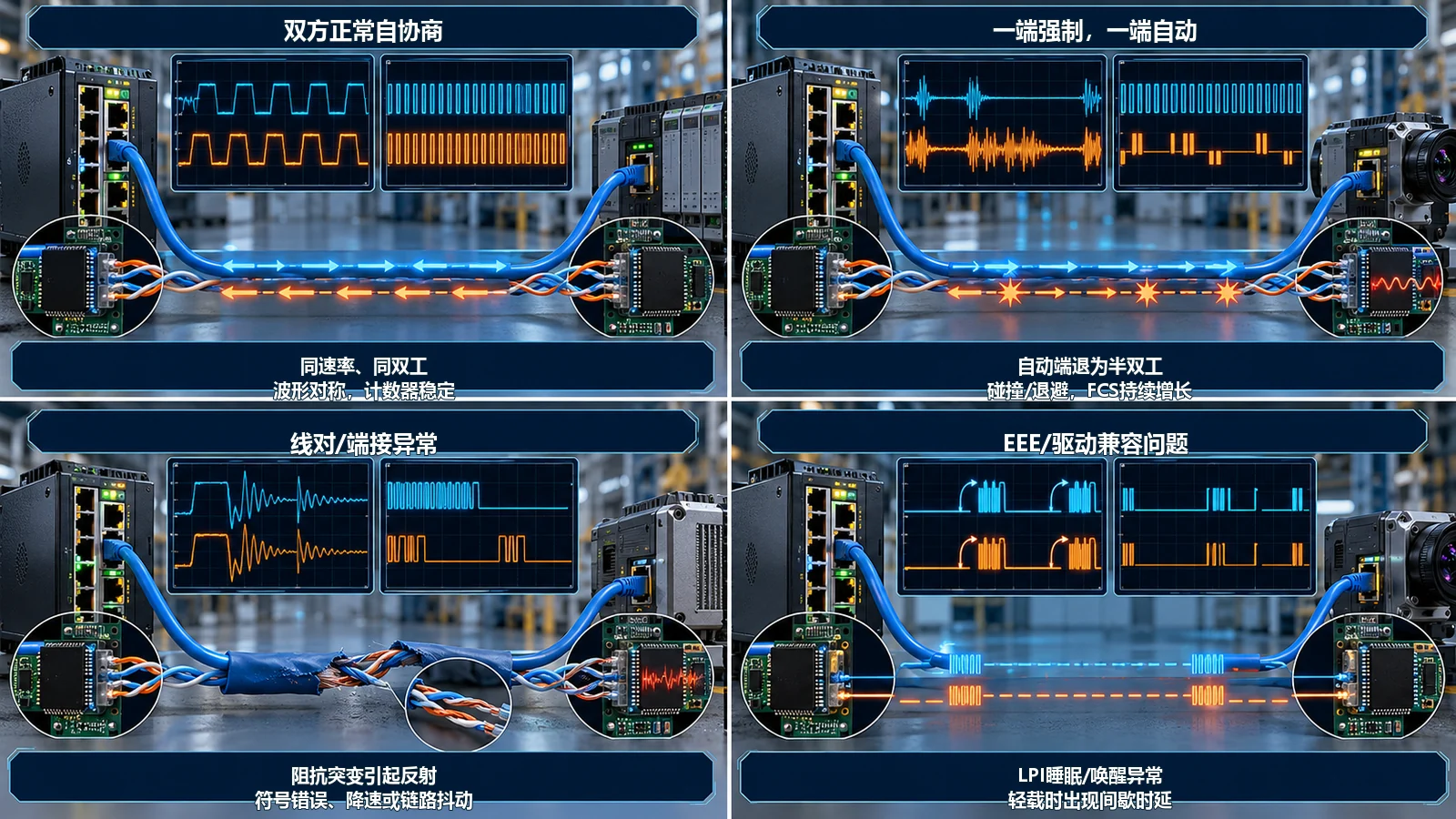 工业交换机自协商正常双工不匹配线对故障和EEE兼容问题对比图