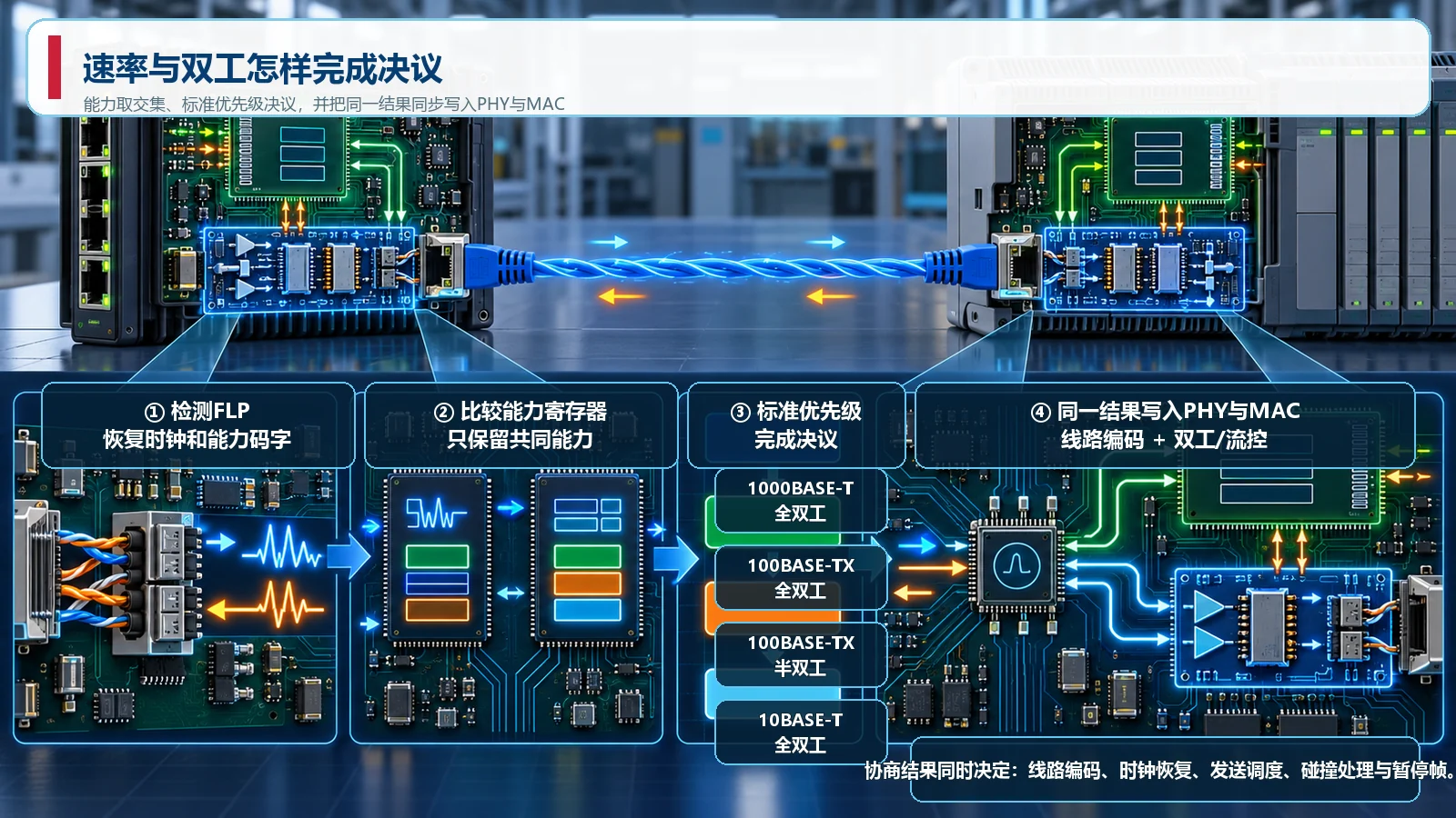工业以太网从检测链路交换能力到配置PHY和MAC的自协商决议流程