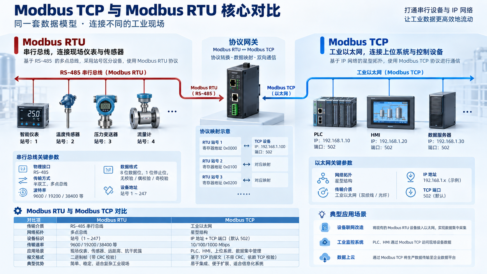 Modbus TCP vs Modbus RTU 核心对比指南技术应用与选型信息图