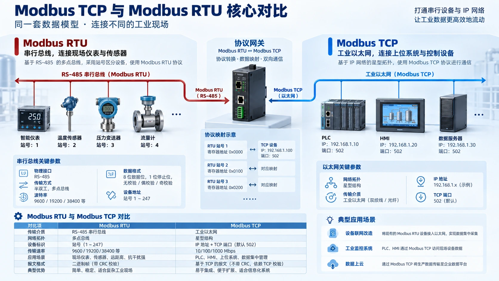 Modbus TCP vs Modbus RTU 核心对比指南